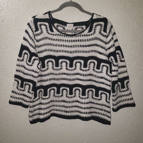 Chico's Cotton Knit Sweater Black White Crochet Sz 2 (M) Pullover 3/4 Sleeve Top - Picture 3 of 9